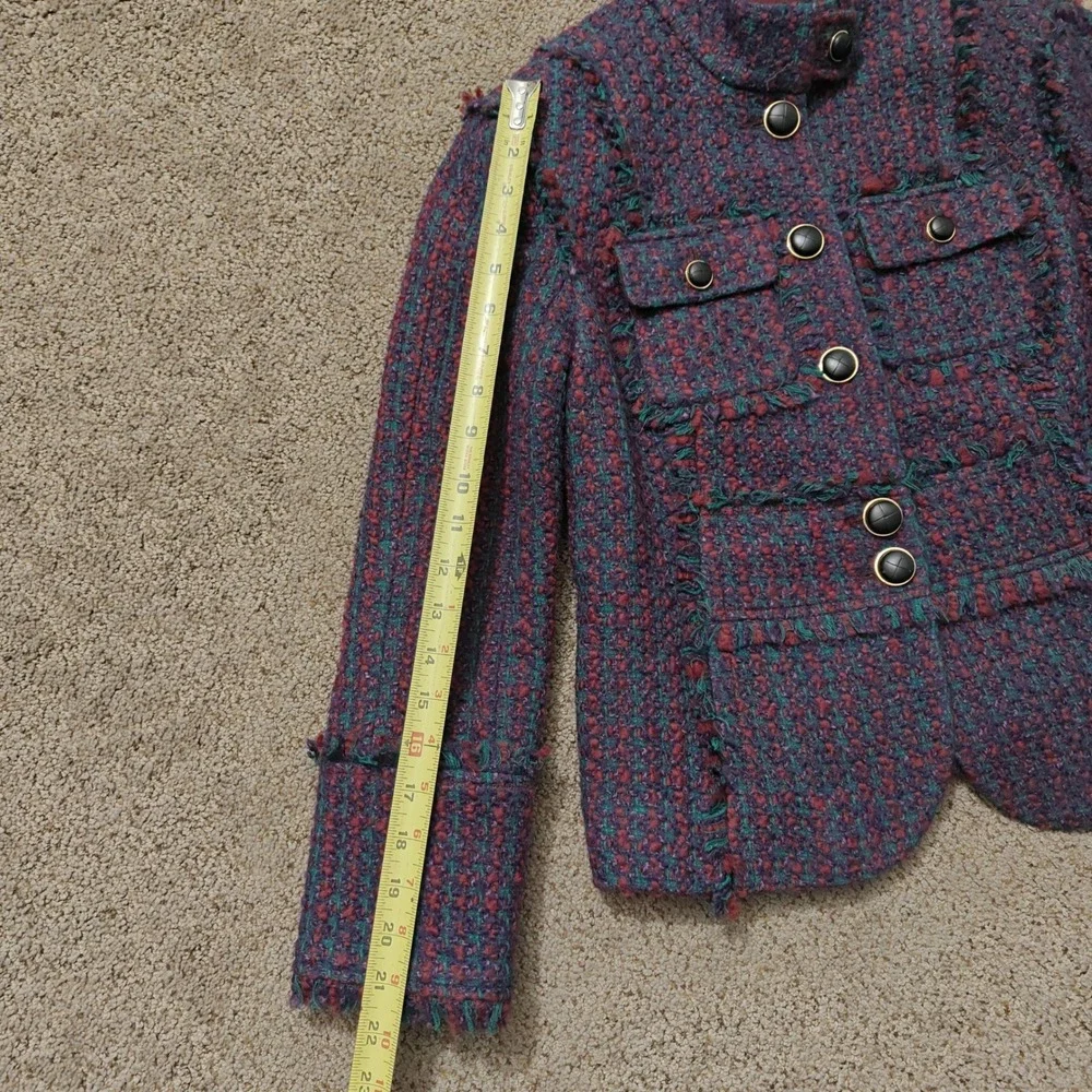 Tory Burch Burgundy Teal Tweed Frayed Trim Military Jacket Size‎ 4 Logo Buttons